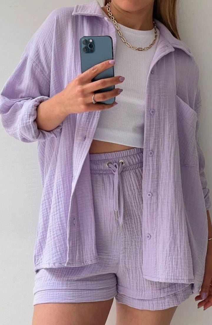Camila | Women's Relaxed-Fit Button-Down Shirt Shorts Two-Piece Set