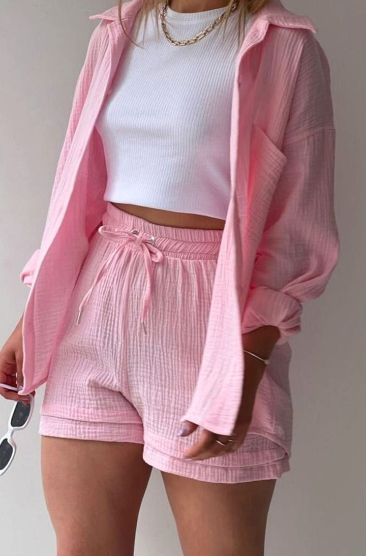 Camila | Women's Relaxed-Fit Button-Down Shirt Shorts Two-Piece Set