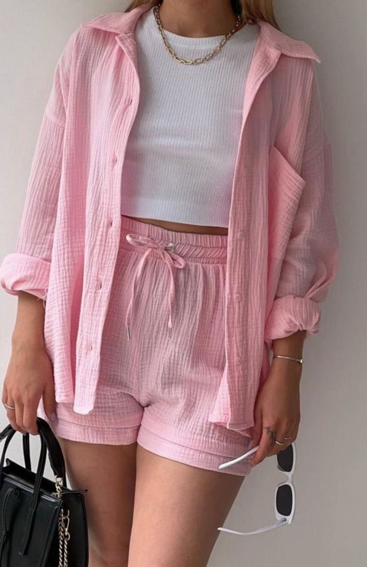 Camila | Women's Relaxed-Fit Button-Down Shirt Shorts Two-Piece Set