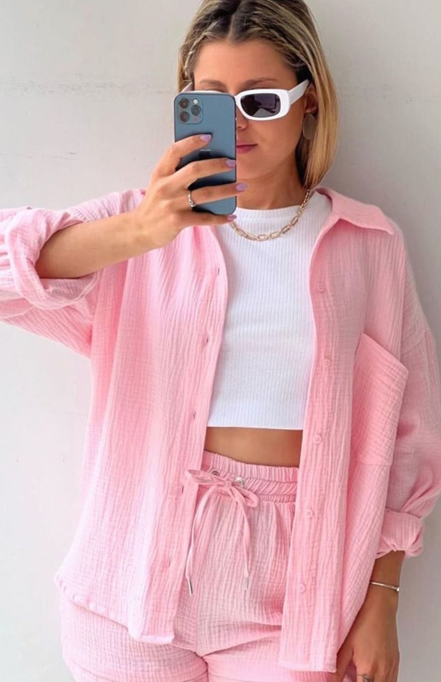 Camila | Women's Relaxed-Fit Button-Down Shirt Shorts Two-Piece Set