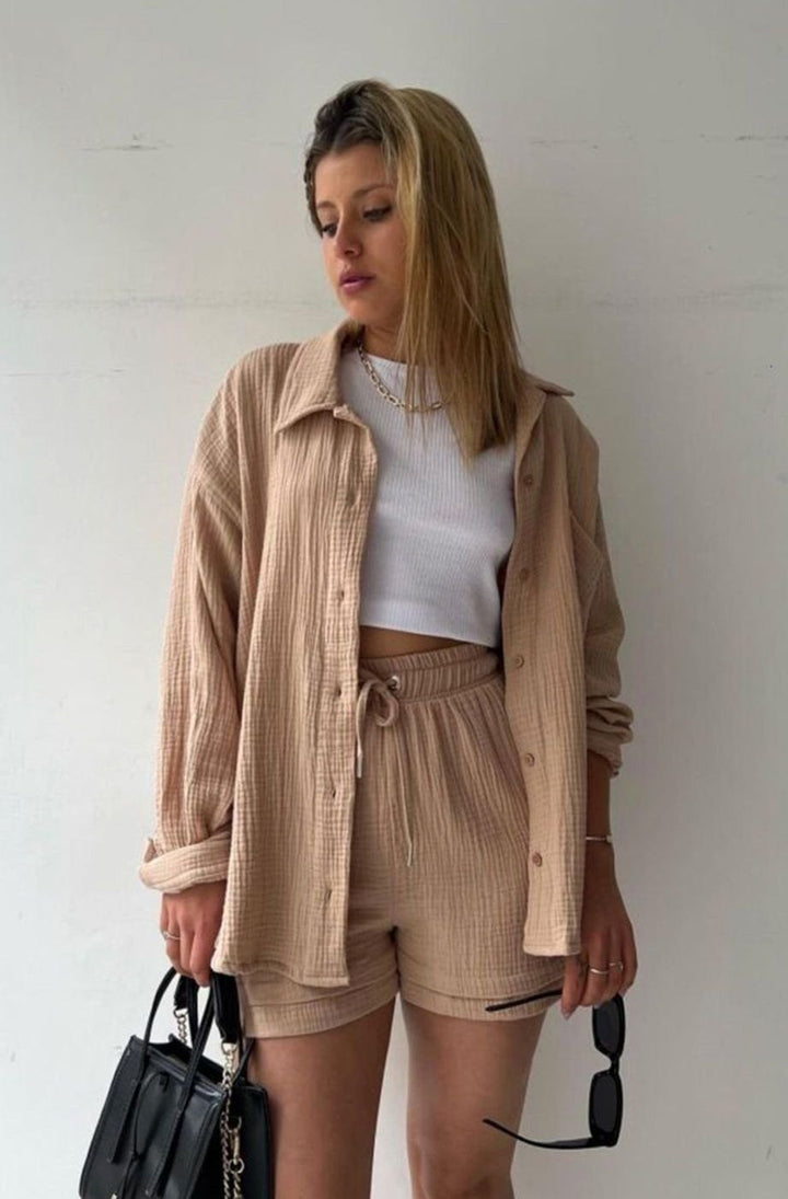 Camila | Women's Relaxed-Fit Button-Down Shirt Shorts Two-Piece Set