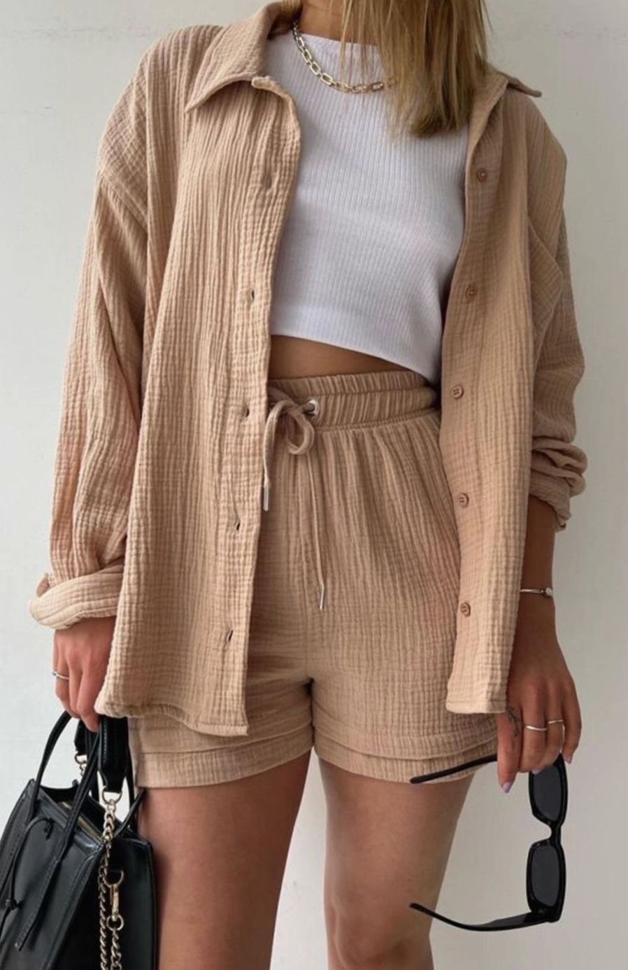Camila | Women's Relaxed-Fit Button-Down Shirt Shorts Two-Piece Set