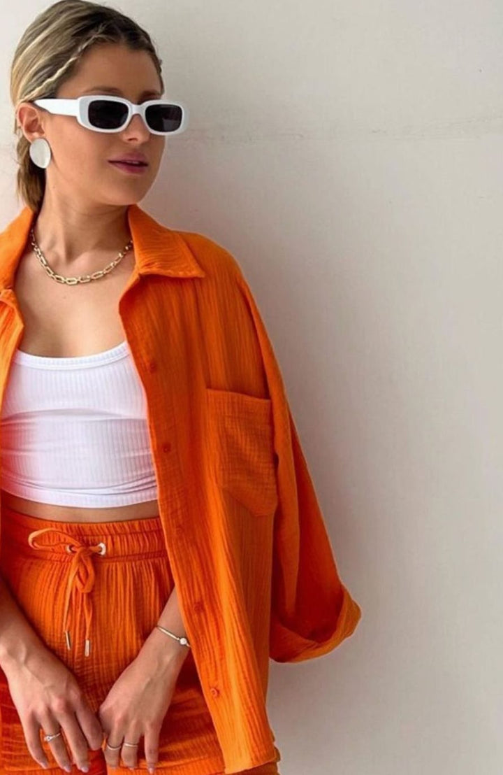 Camila | Women's Relaxed-Fit Button-Down Shirt Shorts Two-Piece Set