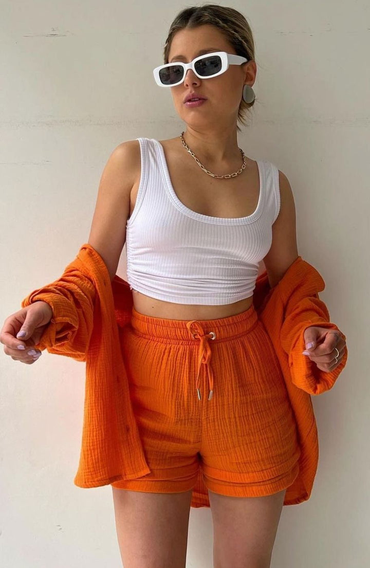 Camila | Women's Relaxed-Fit Button-Down Shirt Shorts Two-Piece Set