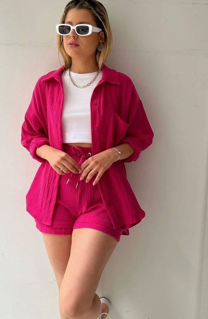 Camila | Women's Relaxed-Fit Button-Down Shirt Shorts Two-Piece Set