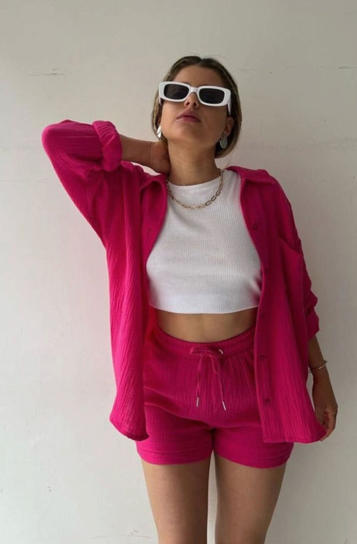Camila | Women's Relaxed-Fit Button-Down Shirt Shorts Two-Piece Set