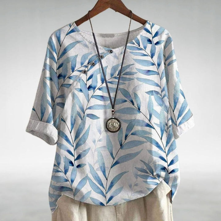Charlotte | Women's Relaxed-Fit Leaf Print Short-Sleeve Button Blouse