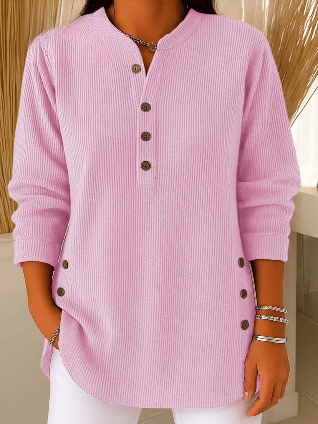Camila | Women's Relaxed-Fit Longline Henley Ribbed Tunic Top