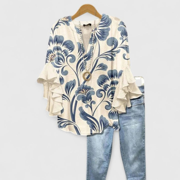 Amelia | Women's Relaxed-Fit Ruffle-Sleeve Floral Print V-Neck Blouse