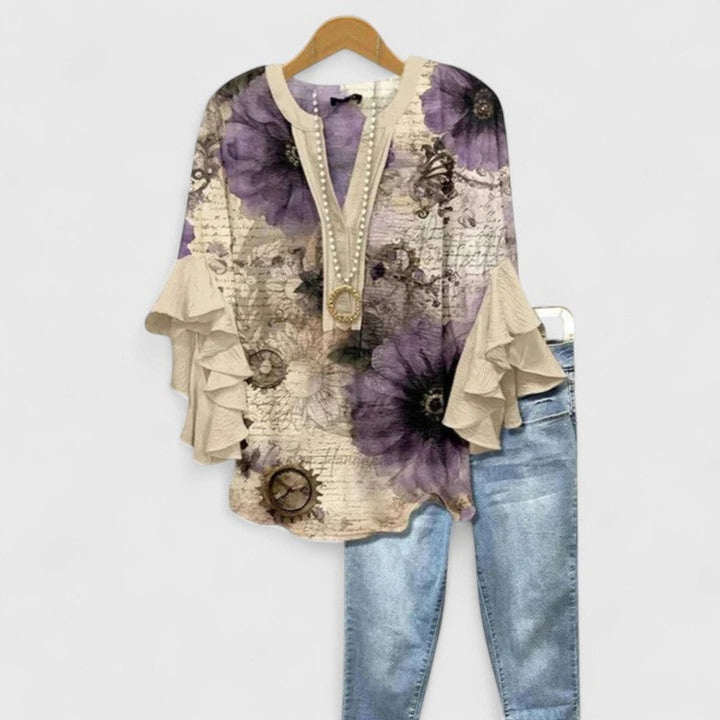 Amelia | Women's Relaxed-Fit Ruffle-Sleeve Floral Print V-Neck Blouse