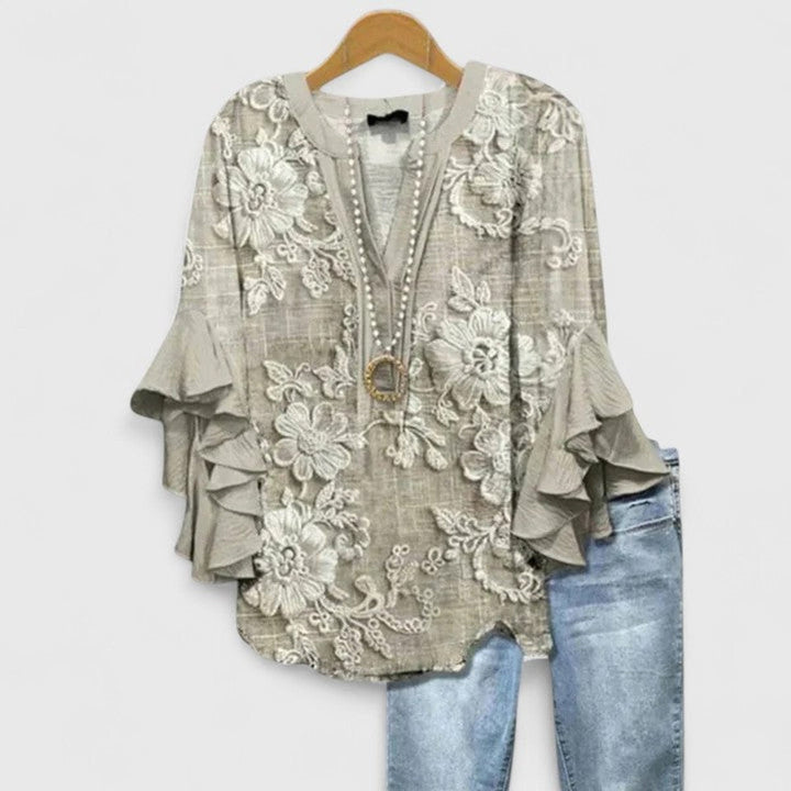 Amelia | Women's Relaxed-Fit Ruffle-Sleeve Floral Print V-Neck Blouse
