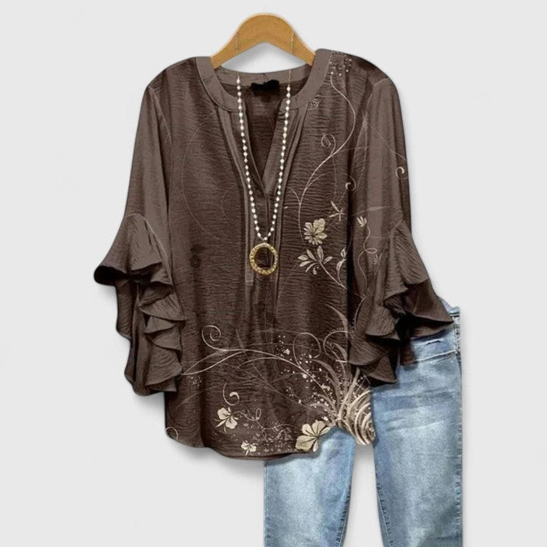 Amelia | Women's Relaxed-Fit Ruffle-Sleeve Floral Print V-Neck Blouse