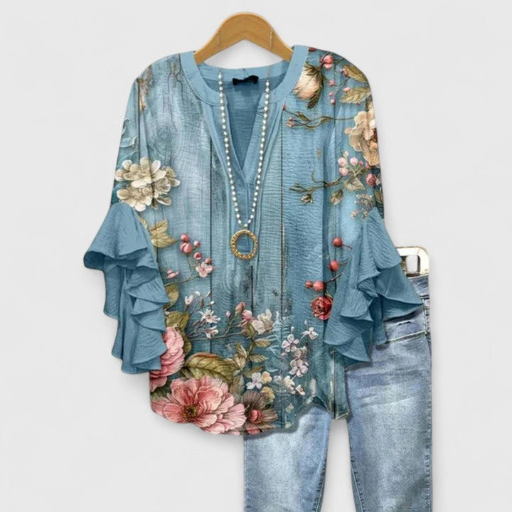 Amelia | Women's Relaxed-Fit Ruffle-Sleeve Floral Print V-Neck Blouse
