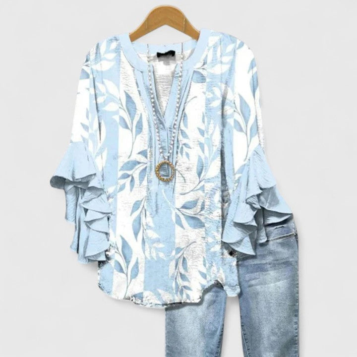 Amelia | Women's Relaxed-Fit Ruffle-Sleeve Floral Print V-Neck Blouse
