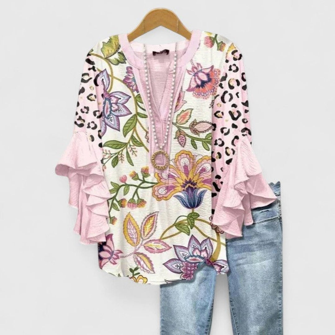 Amelia | Women's Relaxed-Fit Ruffle-Sleeve Floral Print V-Neck Blouse