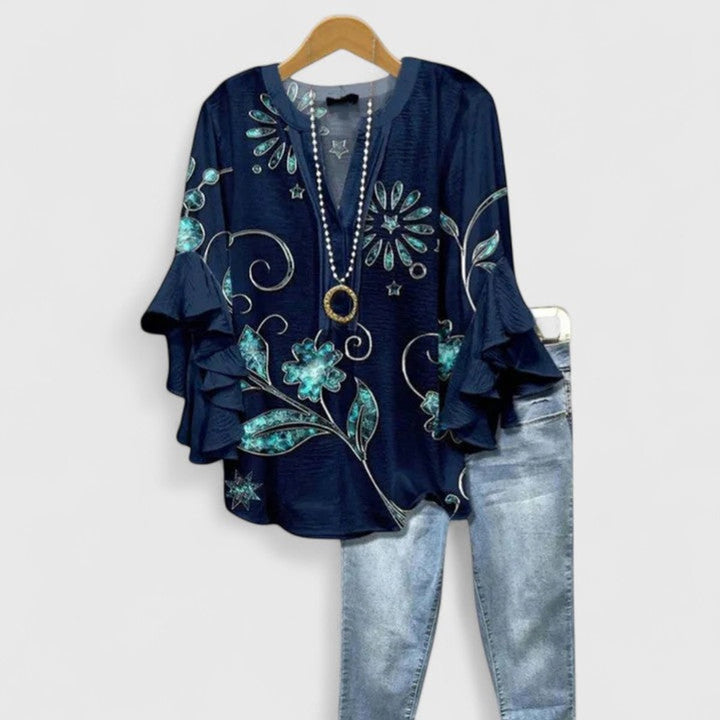 Amelia | Women's Relaxed-Fit Ruffle-Sleeve Floral Print V-Neck Blouse