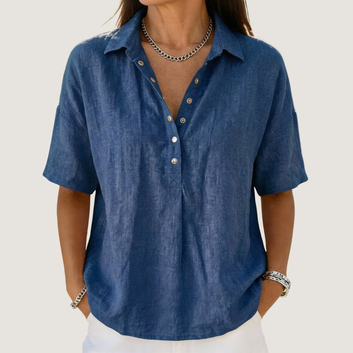 Olivia | Women's Relaxed-Fit Snap-Button Collared Linen Pullover Top