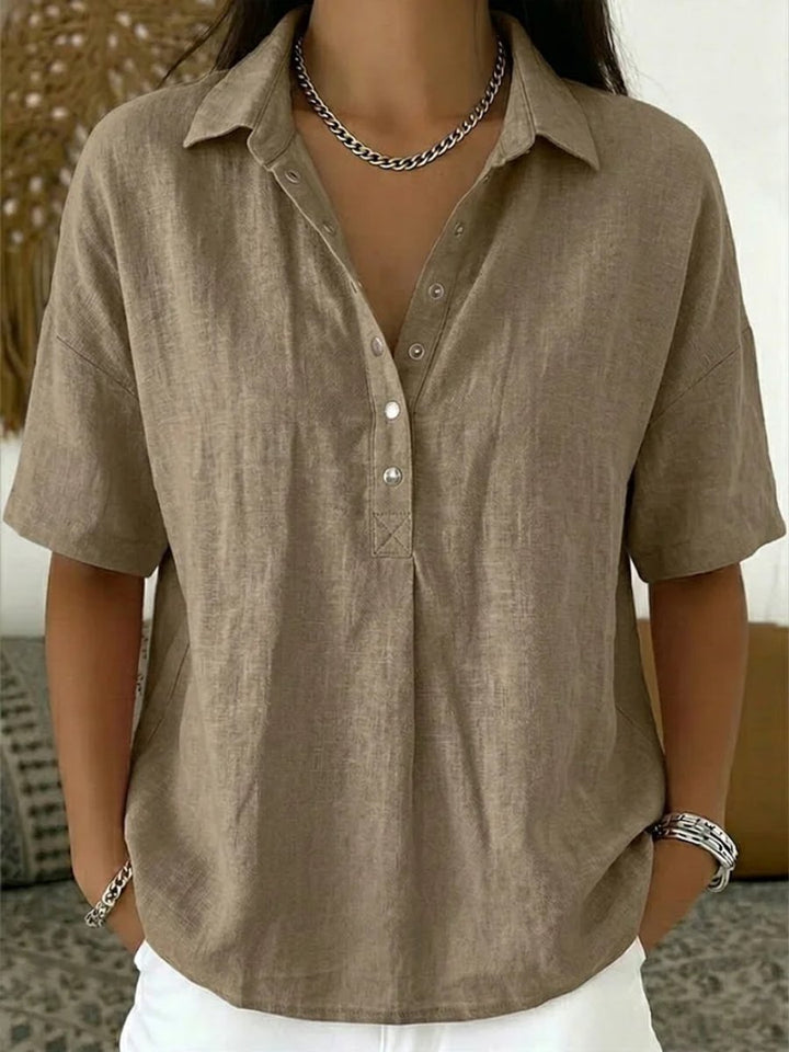 Olivia | Women's Relaxed-Fit Snap-Button Collared Linen Pullover Top