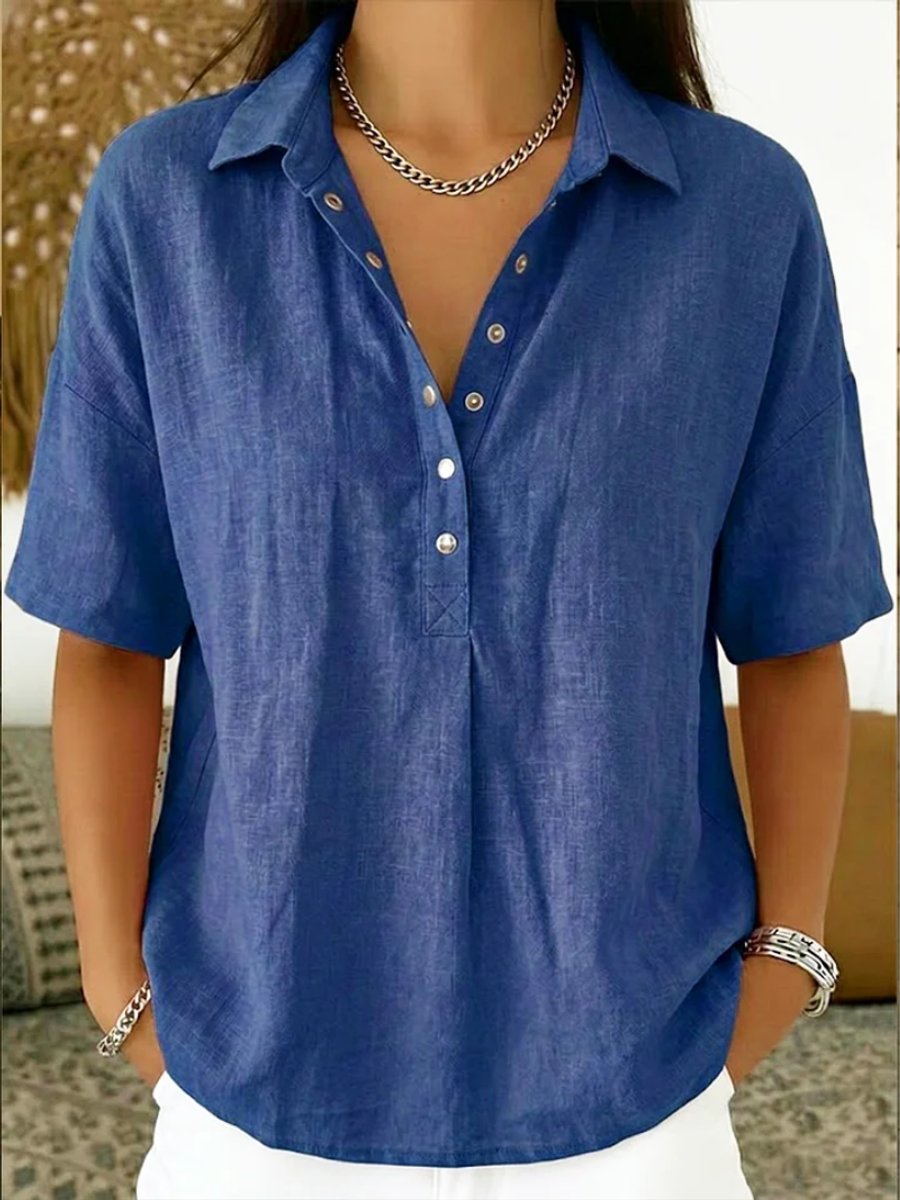 Olivia | Women's Relaxed-Fit Snap-Button Collared Linen Pullover Top