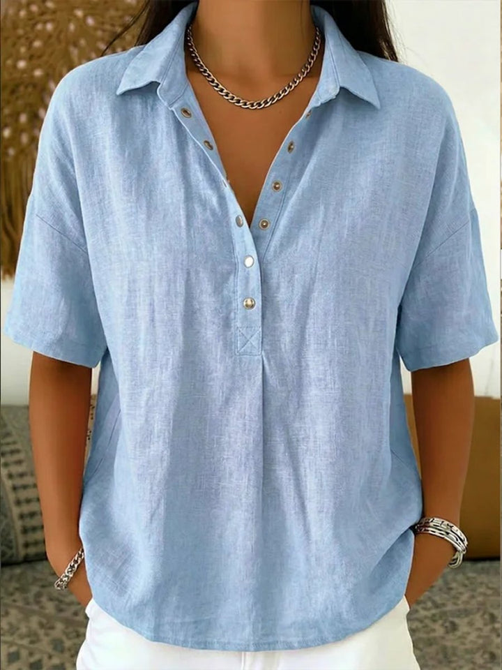 Olivia | Women's Relaxed-Fit Snap-Button Collared Linen Pullover Top
