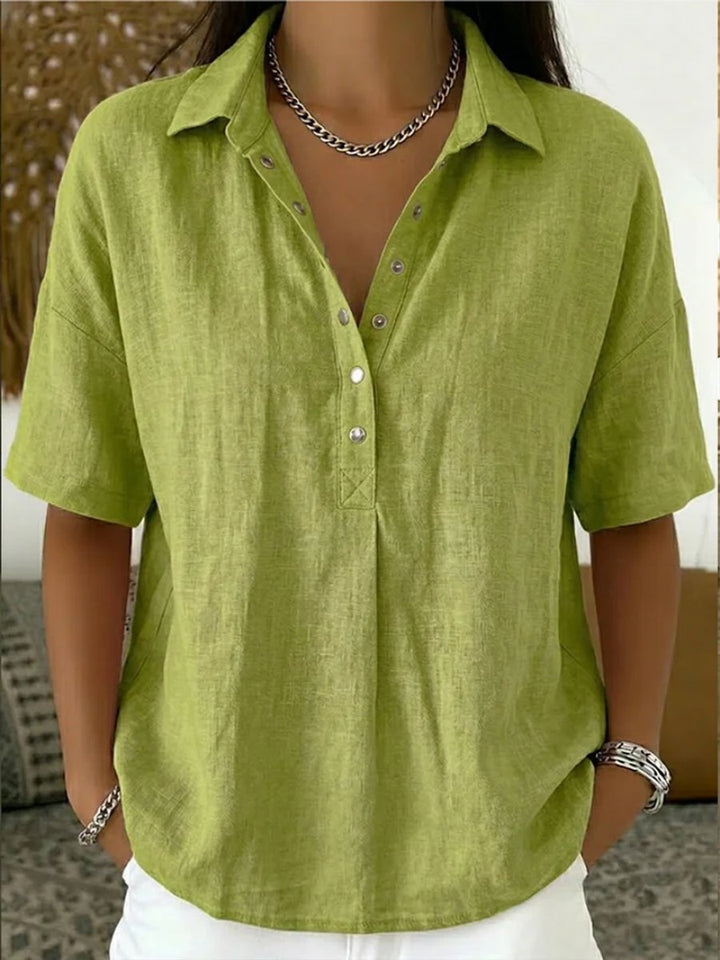 Olivia | Women's Relaxed-Fit Snap-Button Collared Linen Pullover Top