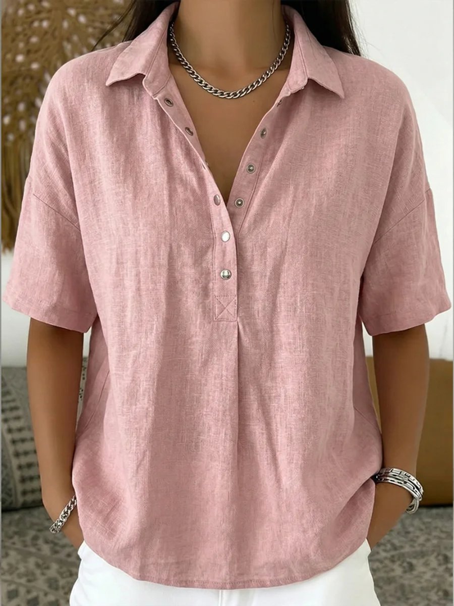 Olivia | Women's Relaxed-Fit Snap-Button Collared Linen Pullover Top
