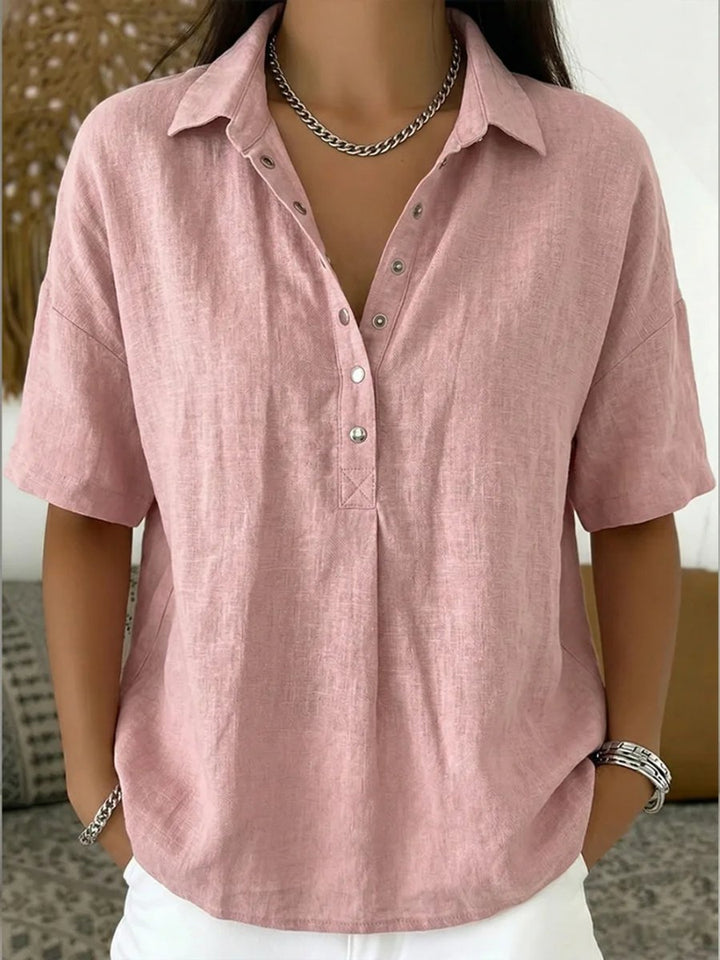 Olivia | Women's Relaxed-Fit Snap-Button Collared Linen Pullover Top