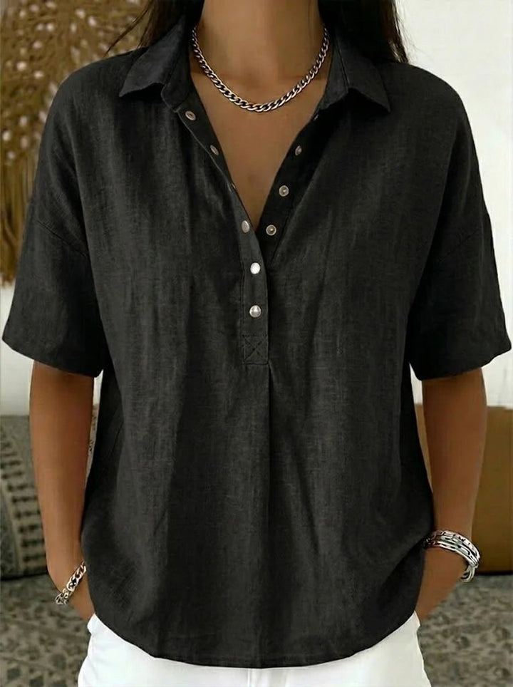 Olivia | Women's Relaxed-Fit Snap-Button Collared Linen Pullover Top
