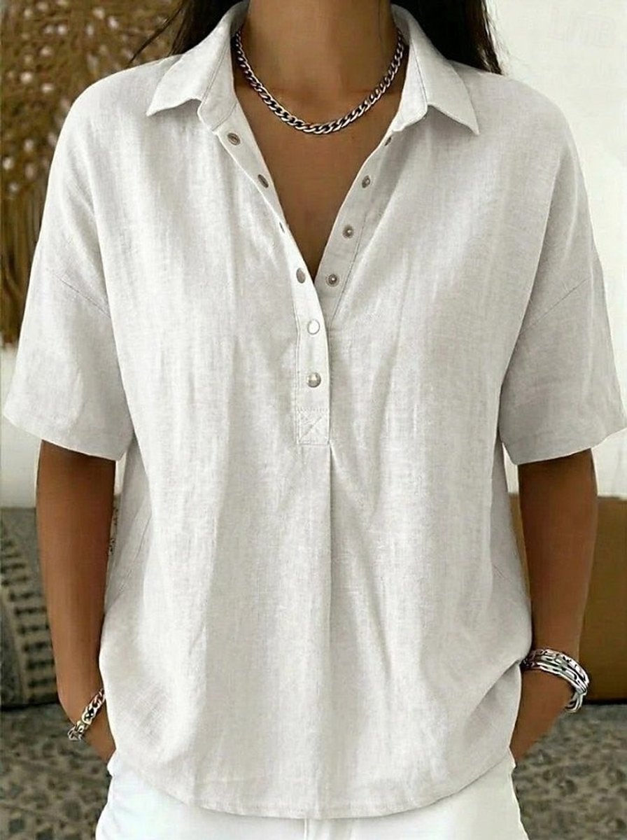 Olivia | Women's Relaxed-Fit Snap-Button Collared Linen Pullover Top