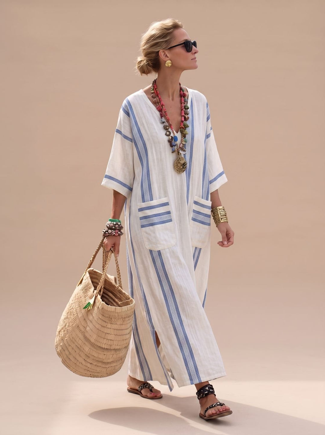 Amelia | Women's Relaxed-Fit V-Neck Striped Formal Maxi Dress