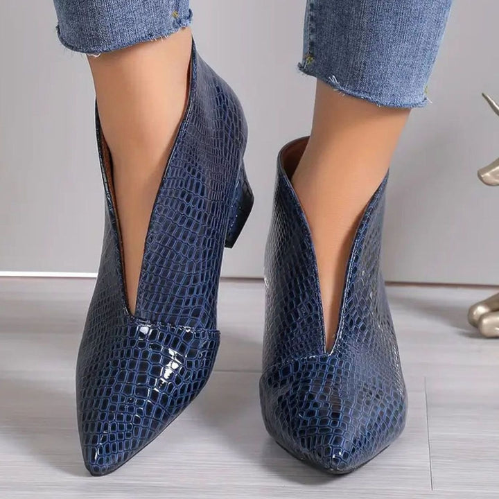 Amelia | Women's Reptile-Textured V-Cut Pointed-Toe Block Heel Ankle Boots