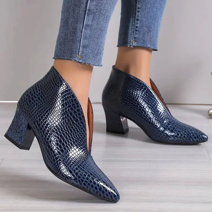 Amelia | Women's Reptile-Textured V-Cut Pointed-Toe Block Heel Ankle Boots