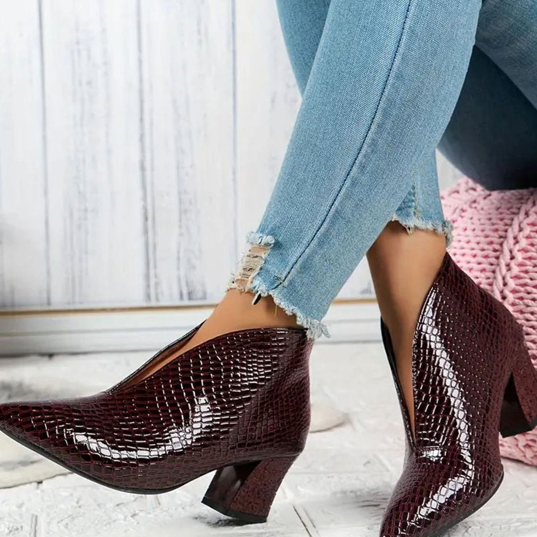 Amelia | Women's Reptile-Textured V-Cut Pointed-Toe Block Heel Ankle Boots