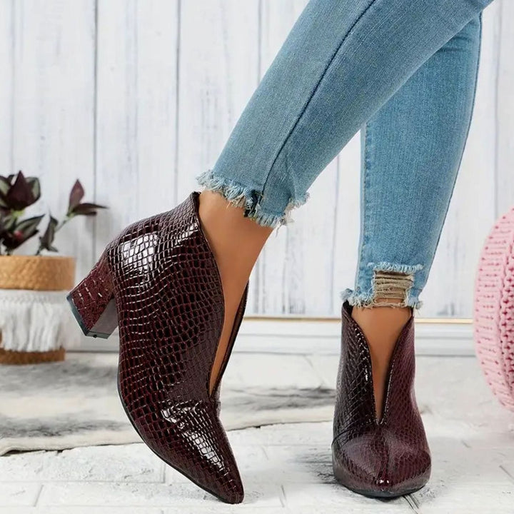 Amelia | Women's Reptile-Textured V-Cut Pointed-Toe Block Heel Ankle Boots