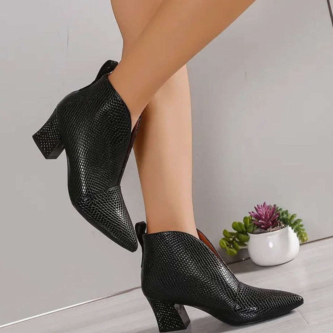 Amelia | Women's Reptile-Textured V-Cut Pointed-Toe Block Heel Ankle Boots