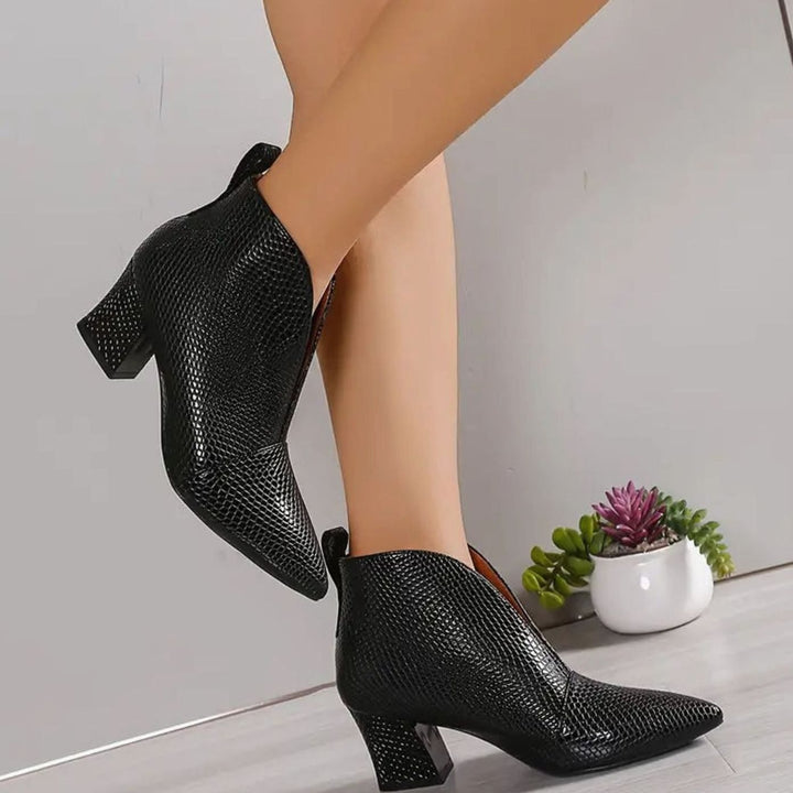 Amelia | Women's Reptile-Textured V-Cut Pointed-Toe Block Heel Ankle Boots