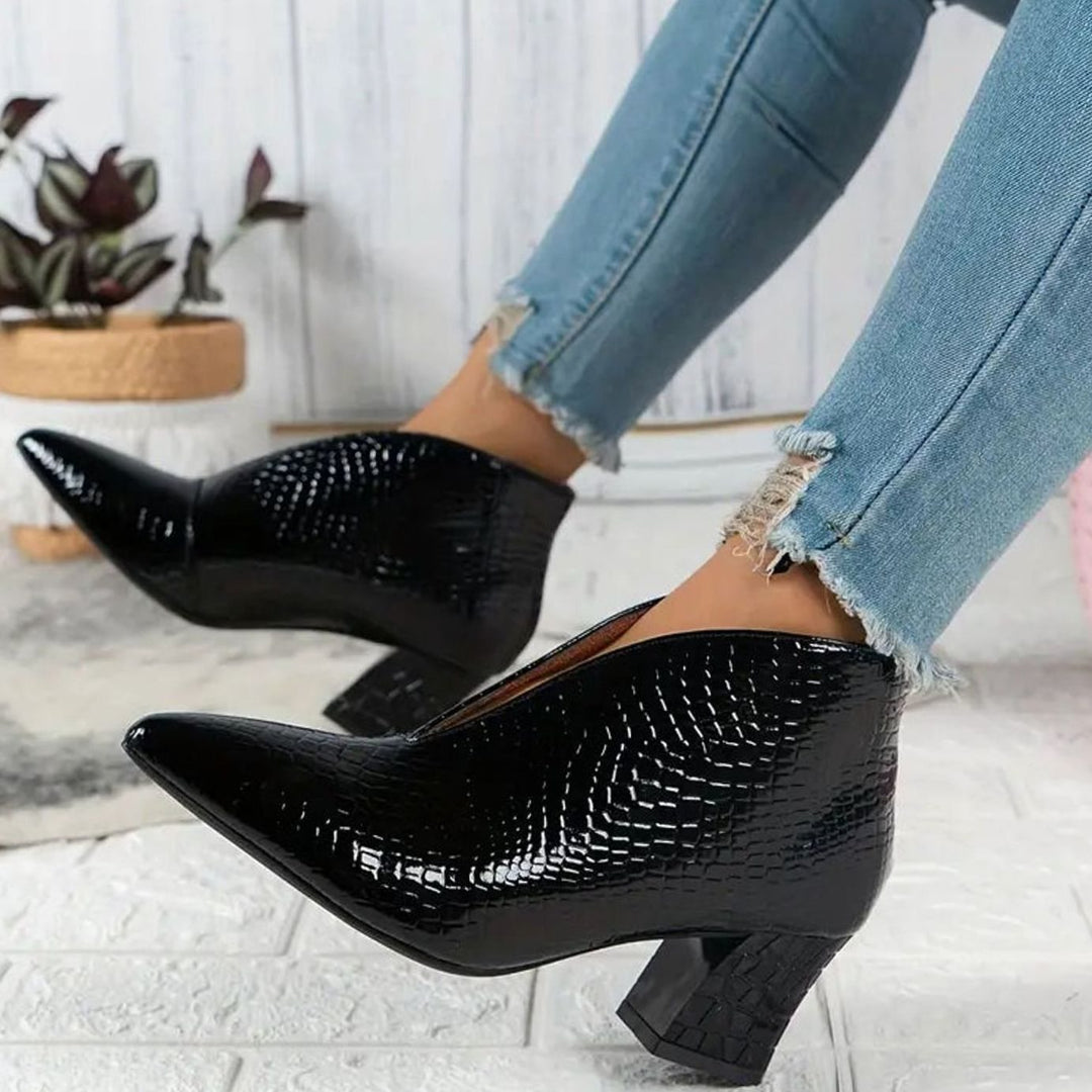Amelia | Women's Reptile-Textured V-Cut Pointed-Toe Block Heel Ankle Boots