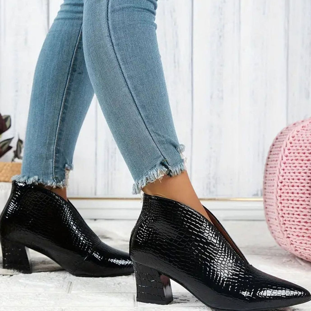 Amelia | Women's Reptile-Textured V-Cut Pointed-Toe Block Heel Ankle Boots