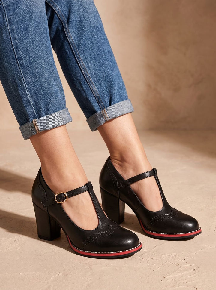 Mia | Women's Retro Brogue T-Bar Block Heel Pumps