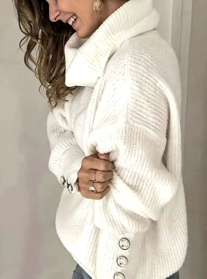 Layla | Women's Ribbed Cowl Neck Sweater Button-Cuff Knit Pullover