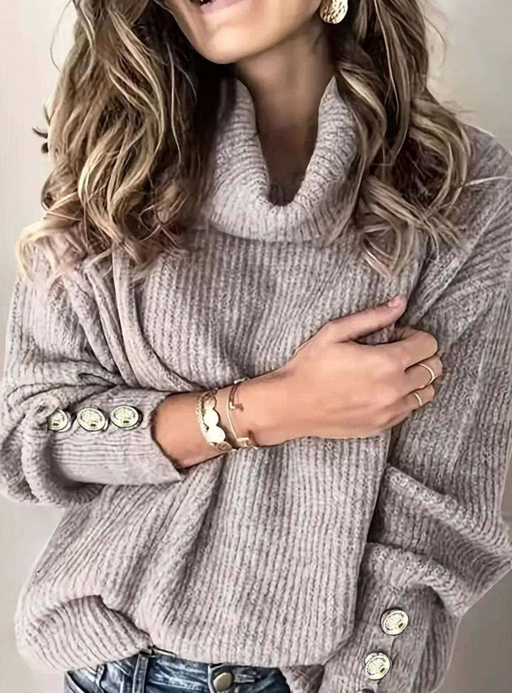 Layla | Women's Ribbed Cowl Neck Sweater Button-Cuff Knit Pullover