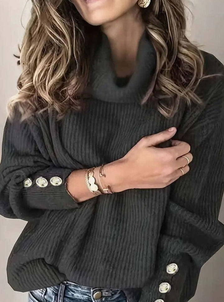 Layla | Women's Ribbed Cowl Neck Sweater Button-Cuff Knit Pullover