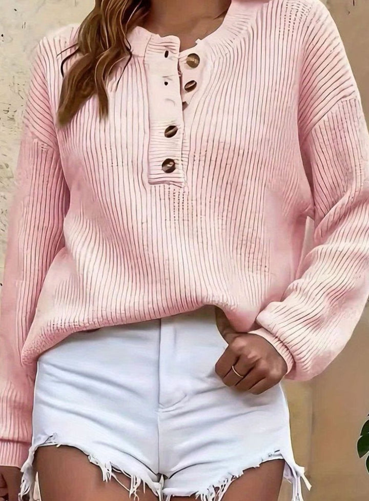 Eleanor | Women's Ribbed Henley Button-Neck Knit Sweater