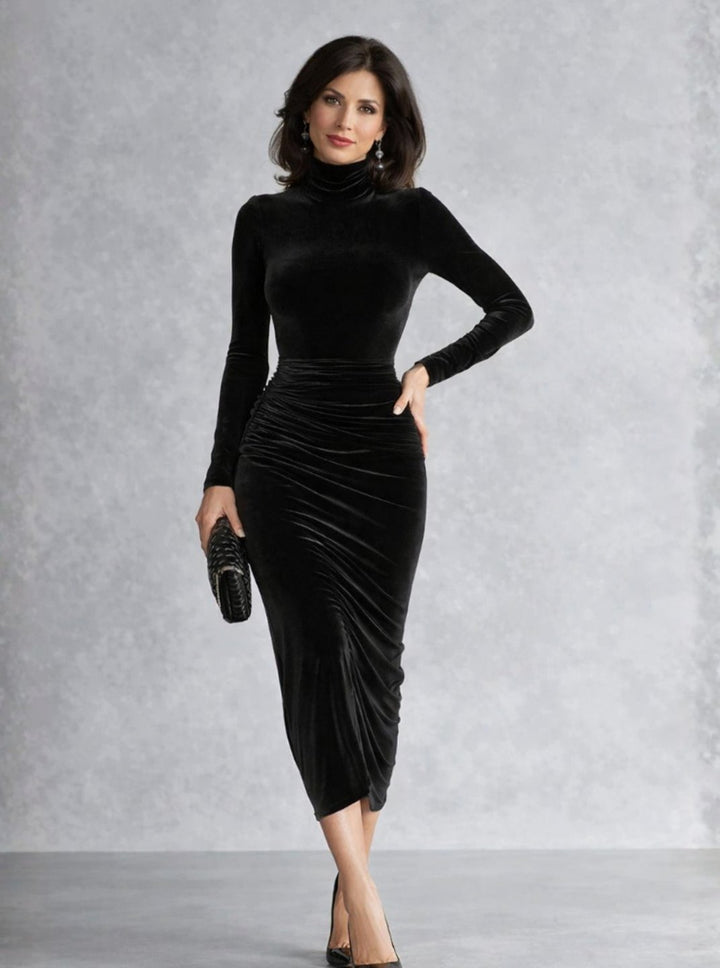 Camila | Women's Ruched Velvet Turtleneck Midi Cocktail Dress
