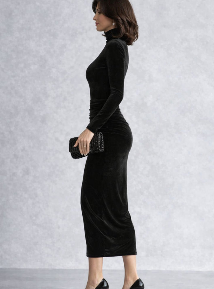 Camila | Women's Ruched Velvet Turtleneck Midi Cocktail Dress