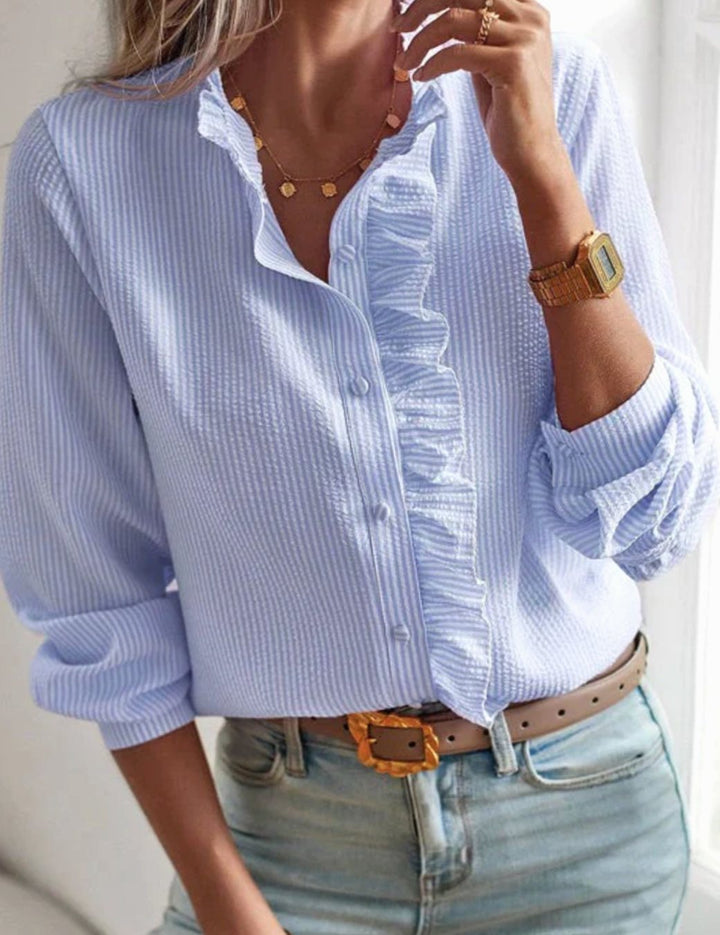 Charlotte | Women's Ruffle-Front Button-Up Long-Sleeve Work Blouse