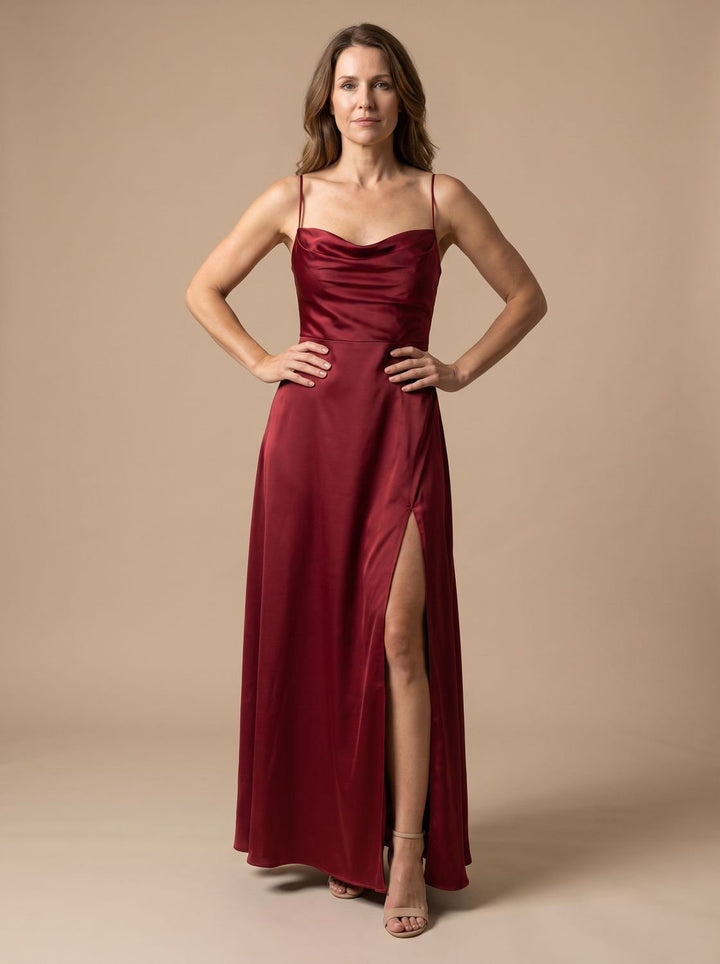 Charlotte | Women's Satin Cowl-Neck Sleeveless Maxi Dress High Slit