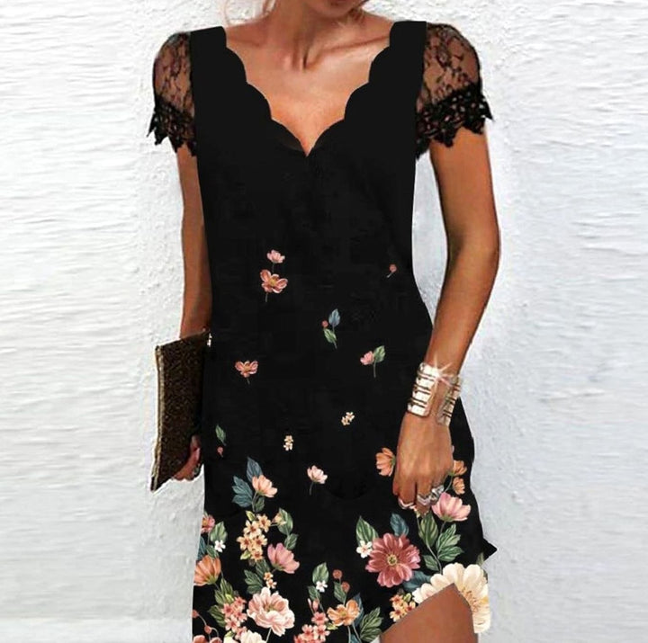 Evelyn | Women's Scalloped V-Neck Lace Sleeve Mini Dress