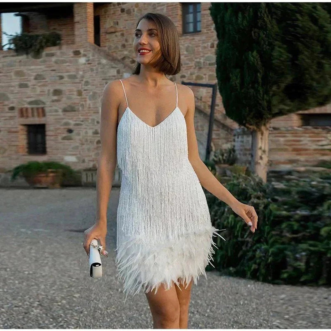 Victoria | Women's Sequin Fringe Feather-Trim Mini Cocktail Dress