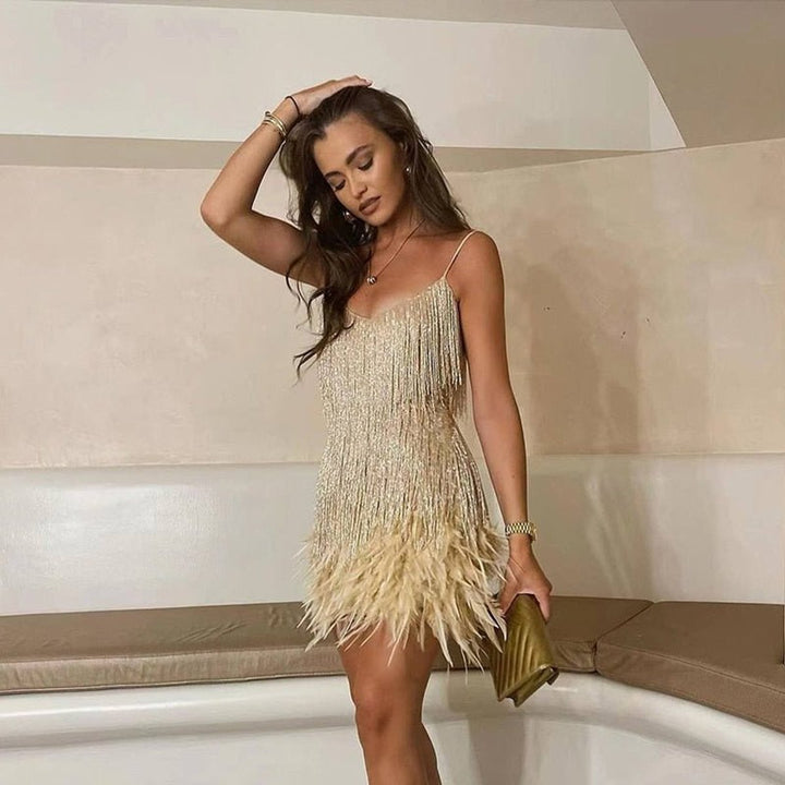Victoria | Women's Sequin Fringe Feather-Trim Mini Cocktail Dress